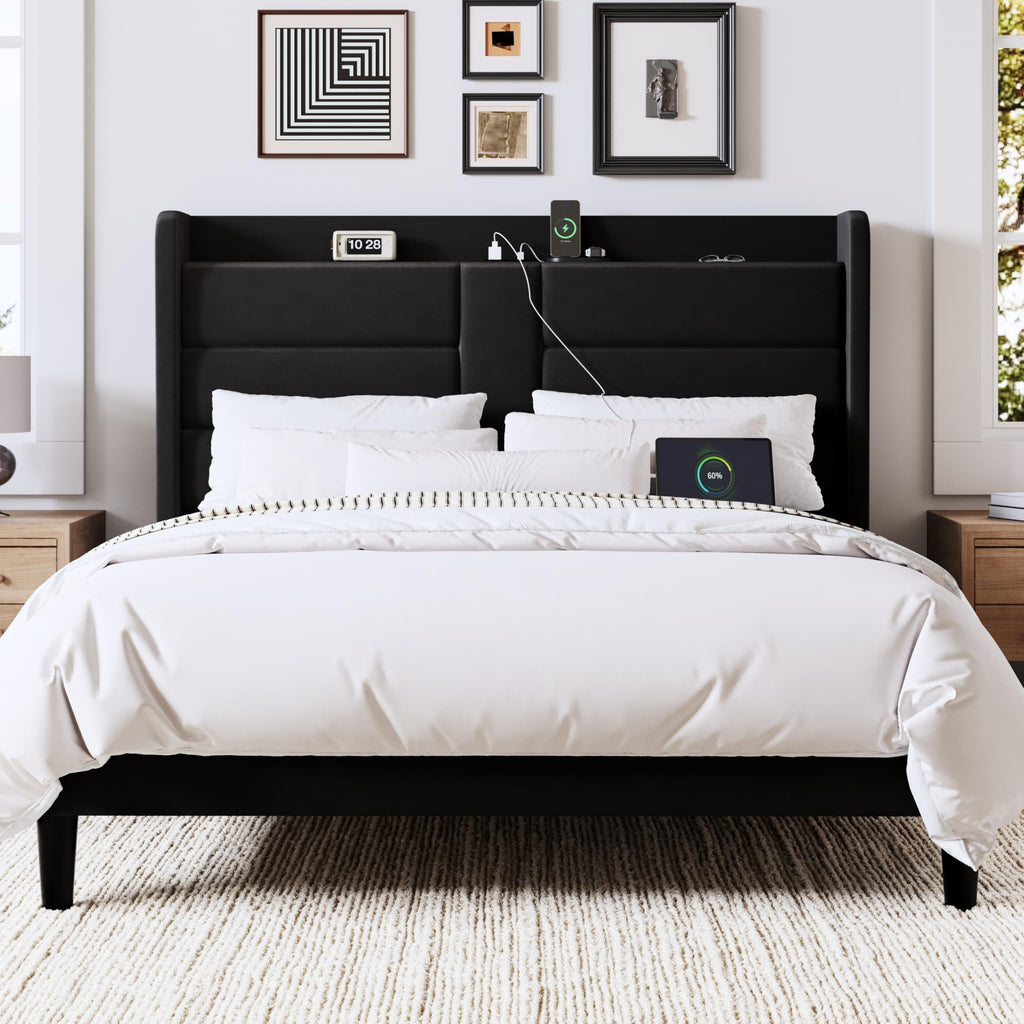 Queen Size Black Velvet Upholstered Platform Bed Frame with Storage Headboard P1890
