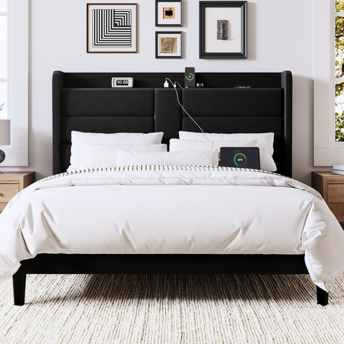 Queen Size Black Velvet Upholstered Platform Bed Frame with Storage Headboard P1890