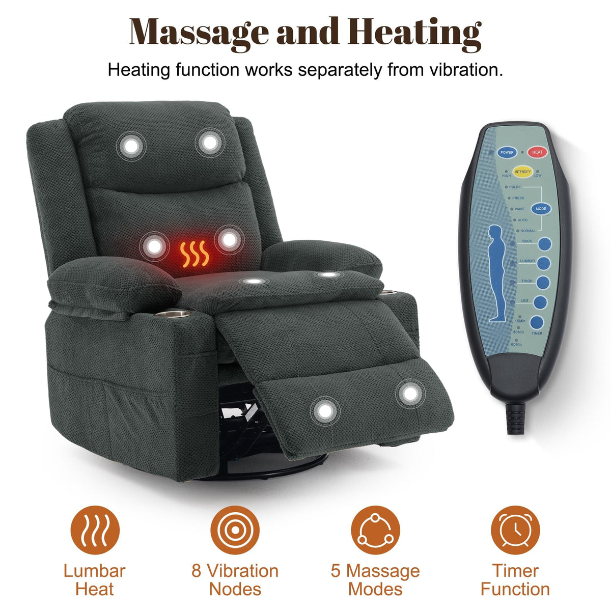 Gray Swivel Rocker Recliner with Massage & Heat C121409