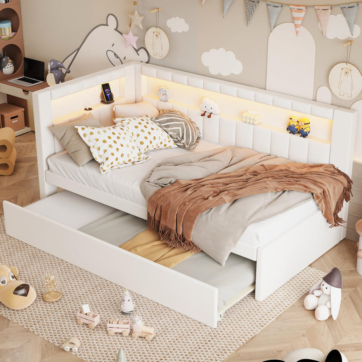 White Linen Upholstered Twin Size Daybed with Trundle and Bookcase Headboard Y230785