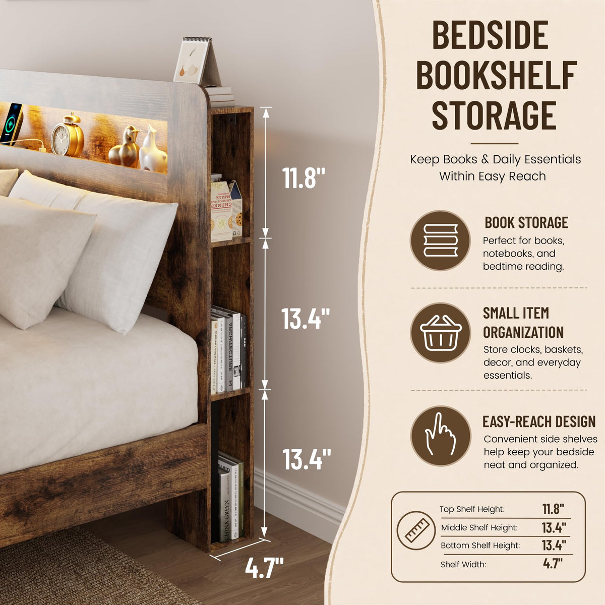 King Size Brown Wood Bed Frame with Bookcase Storage Headboard H6120