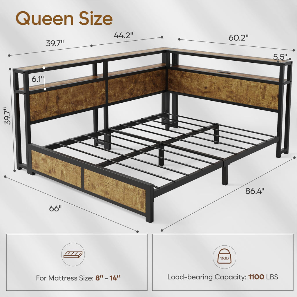 Queen Corner Bed Frame with Storage Headboard and Charging Station O252150