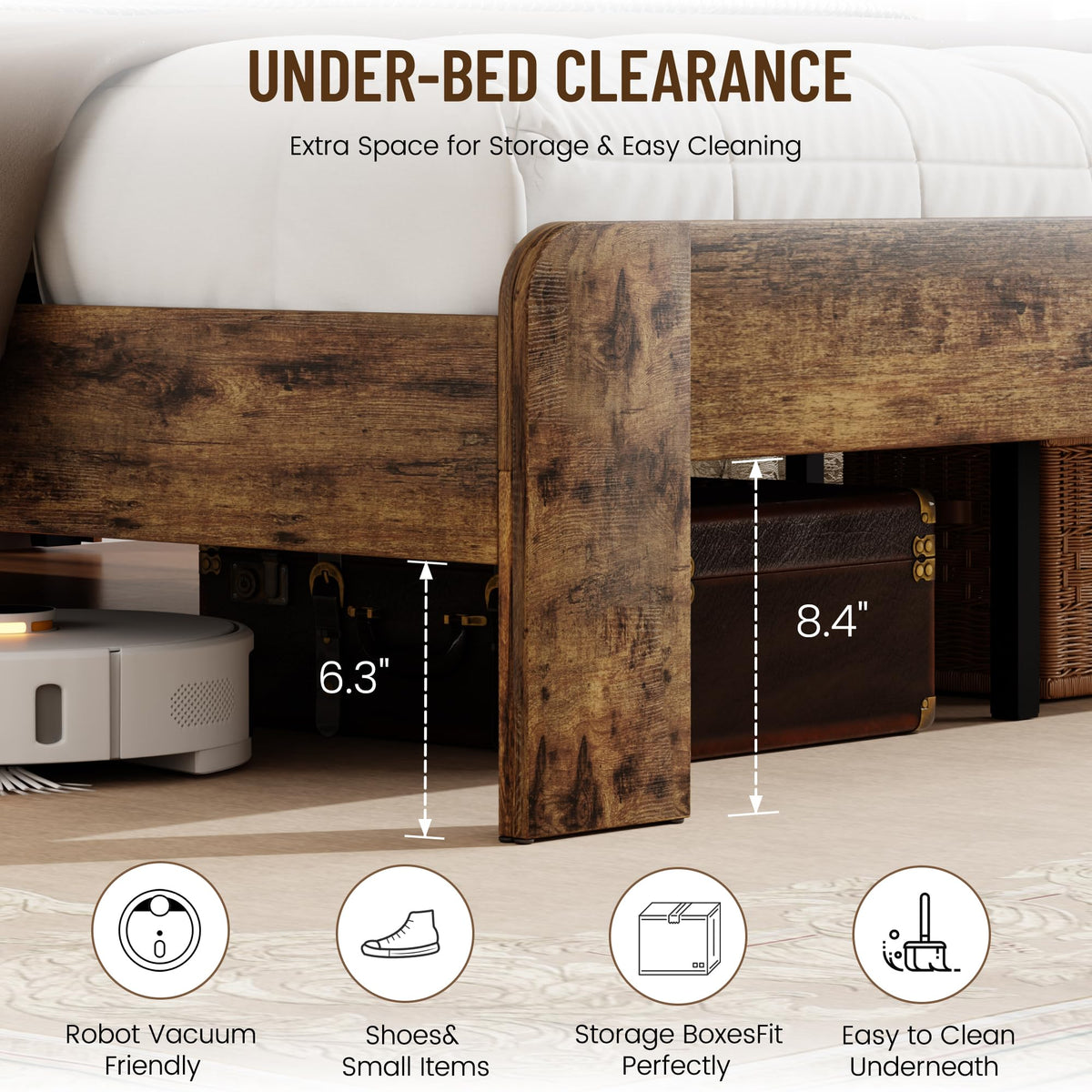 King Size Brown Wood Bed Frame with Bookcase Storage Headboard H6120