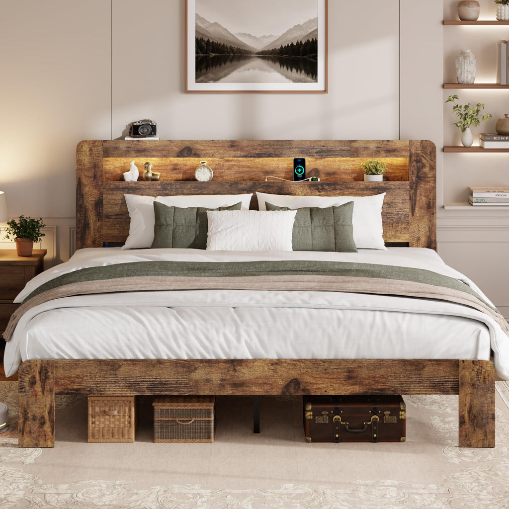 King Size Brown Wood Bed Frame with Bookcase Storage Headboard H6120