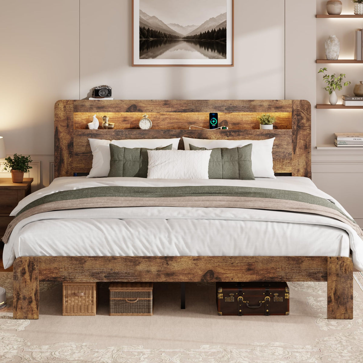 King Size Brown Wood Bed Frame with Bookcase Storage Headboard H6120