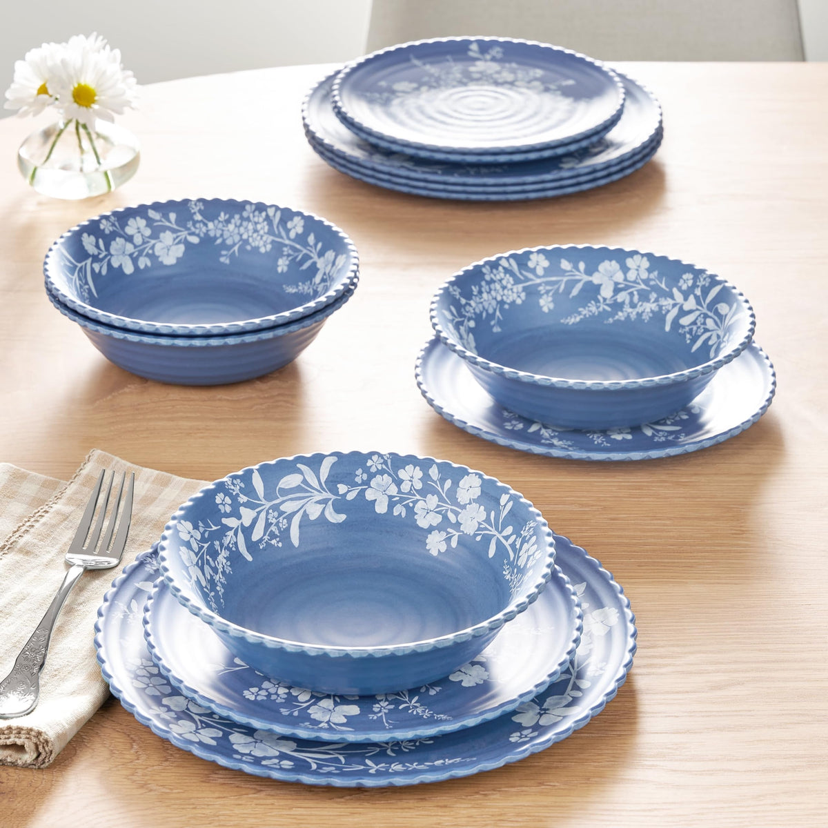 12 Piece Blue Bamboo Melamine Dinnerware Set Y787