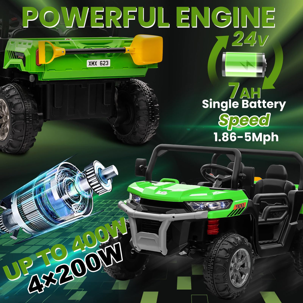 24V 4WD Ride on Truck Car with Dump Bed, 2 Seaters, Remote Control, Green U23729
