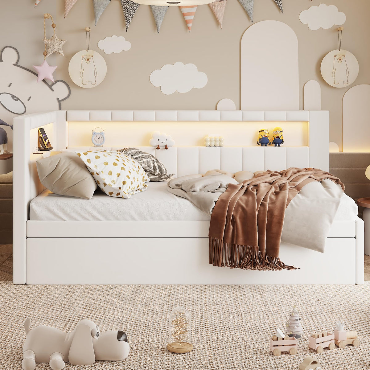 White Linen Upholstered Twin Size Daybed with Trundle and Bookcase Headboard Y230785