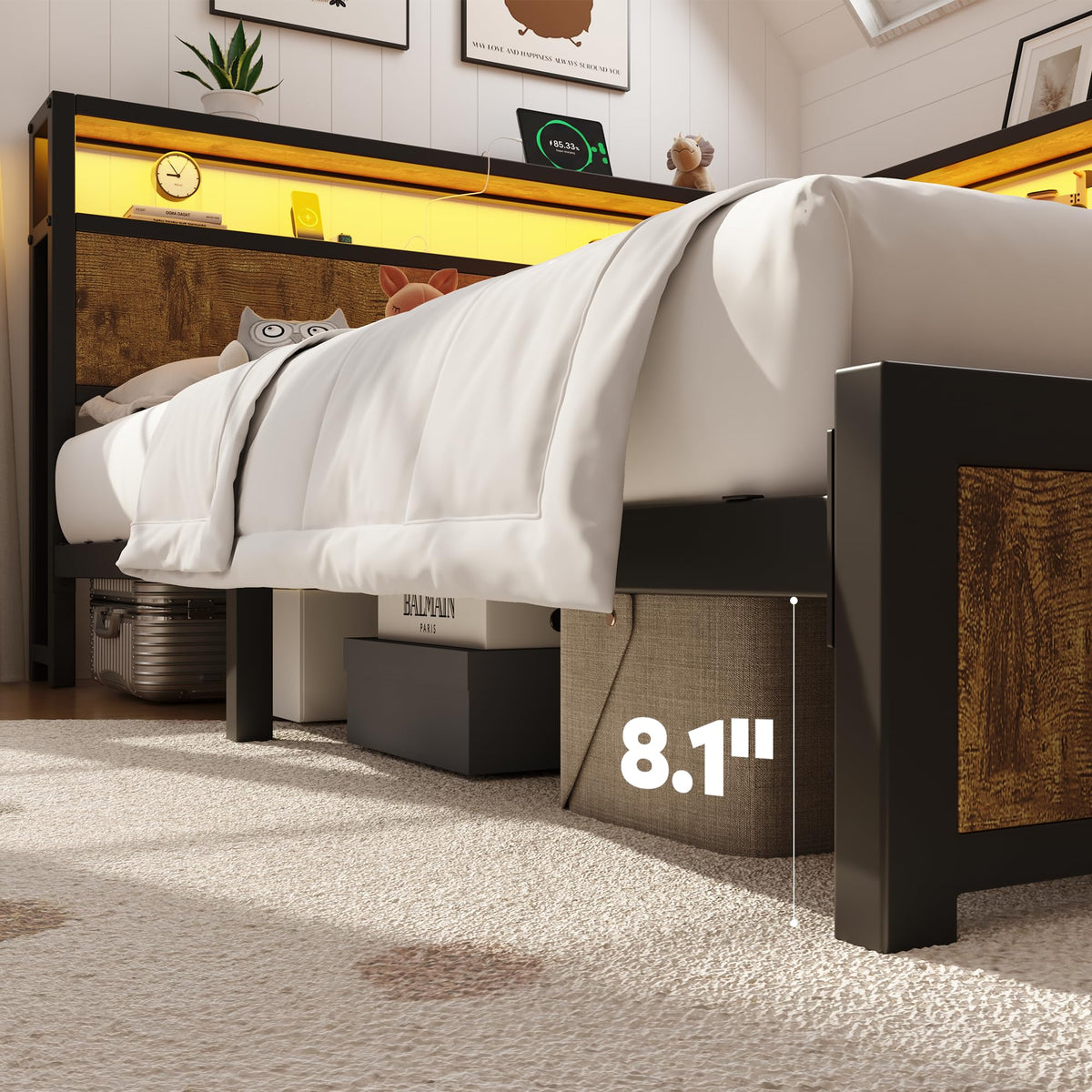Queen Corner Bed Frame with Storage Headboard and Charging Station O252150