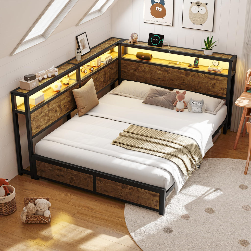 Queen Corner Bed Frame with Storage Headboard and Charging Station O252150