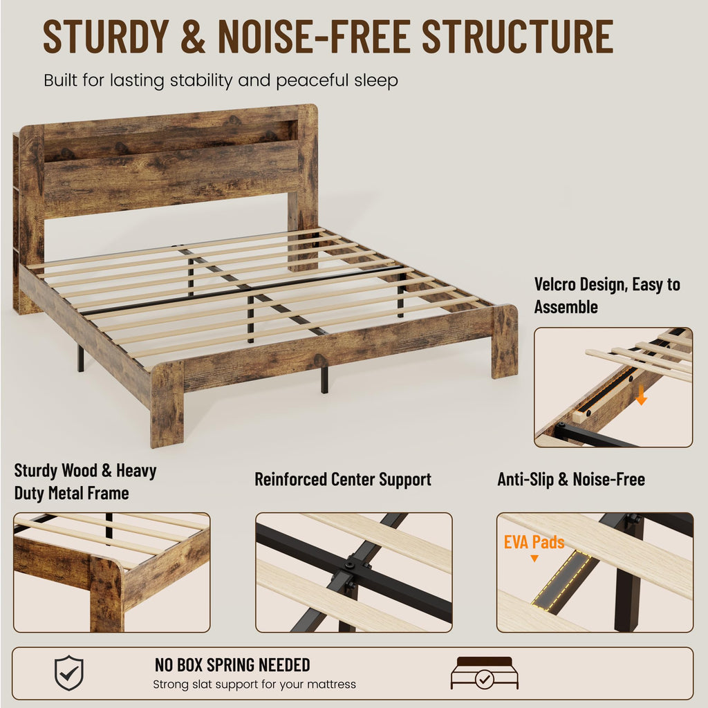 King Size Brown Wood Bed Frame with Bookcase Storage Headboard H6120