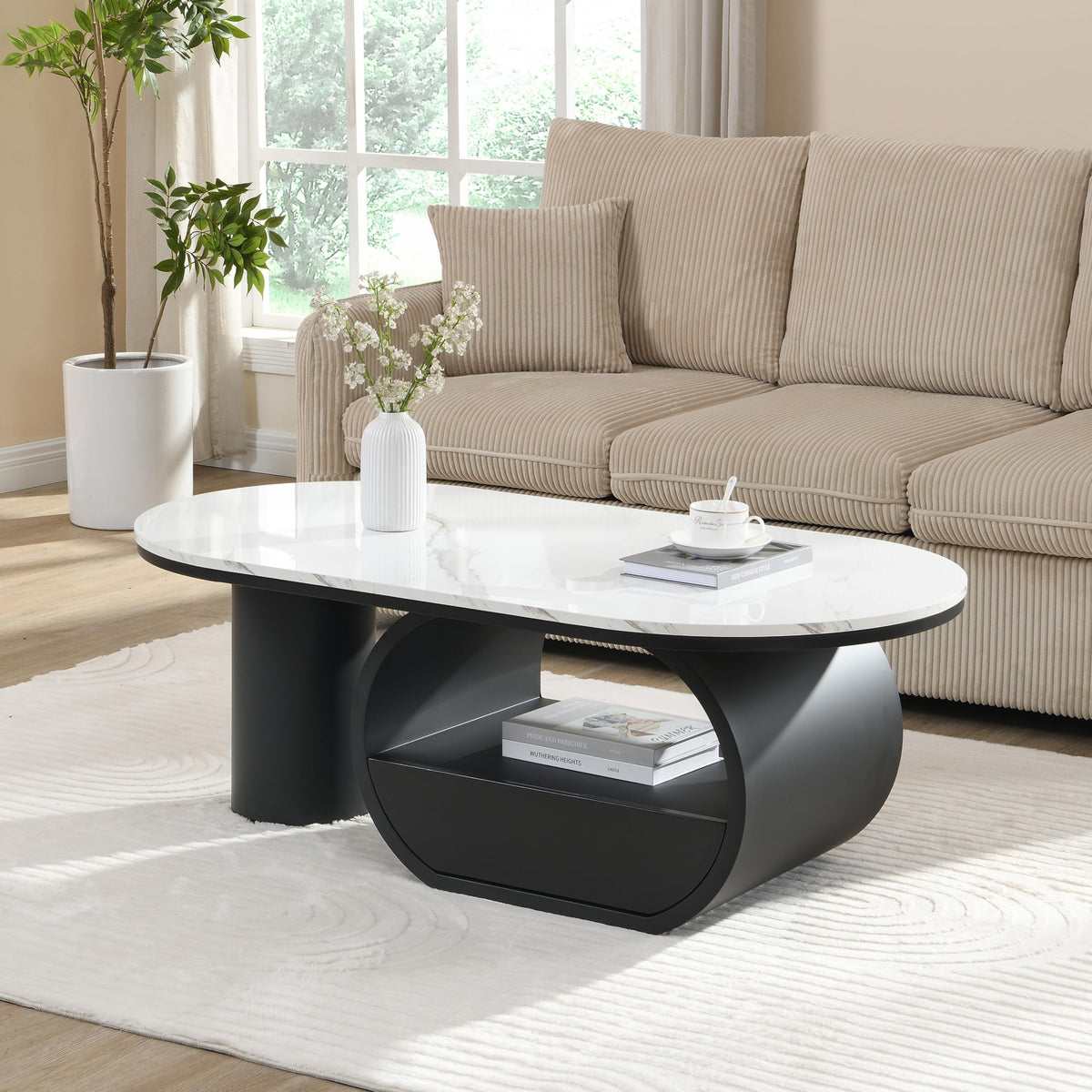 47'' Oval Coffee Table with Drawer, Marble-Grain MDF Top, Black Metal Base O148070