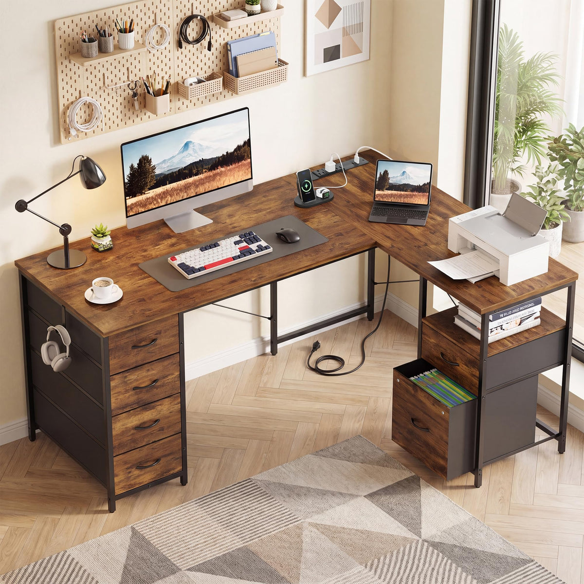 55 Inch L Shaped Office Desk with 6 Drawers Z14751