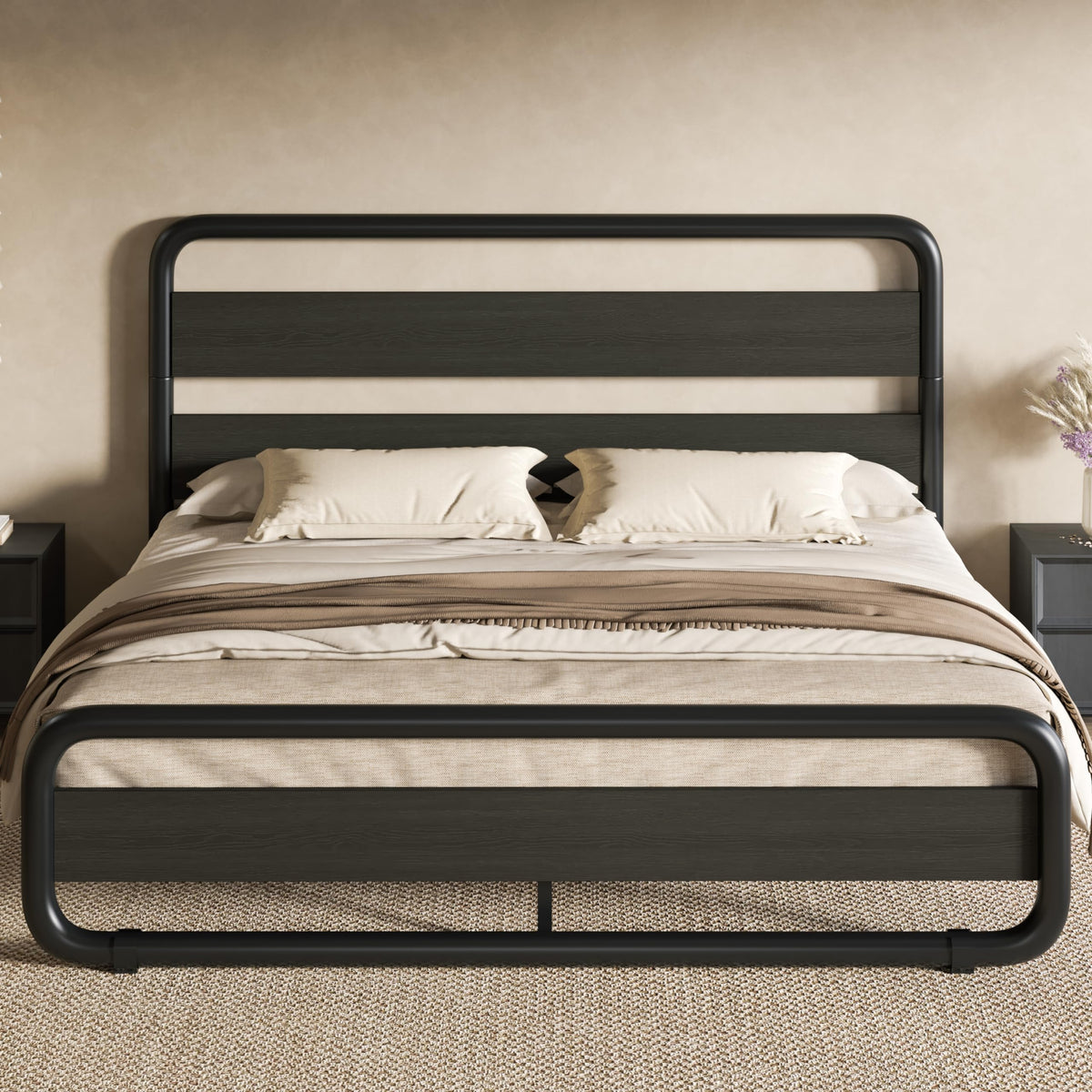 Full Size Metal Bed Frame with Wooden Headboard R5353