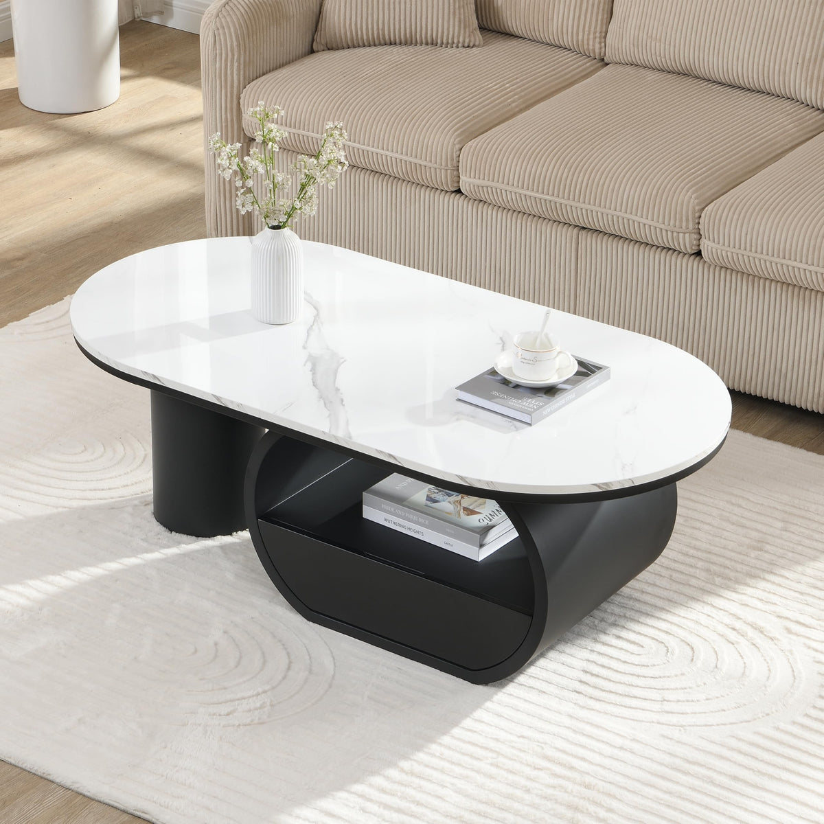 47'' Oval Coffee Table with Drawer, Marble-Grain MDF Top, Black Metal Base O148070