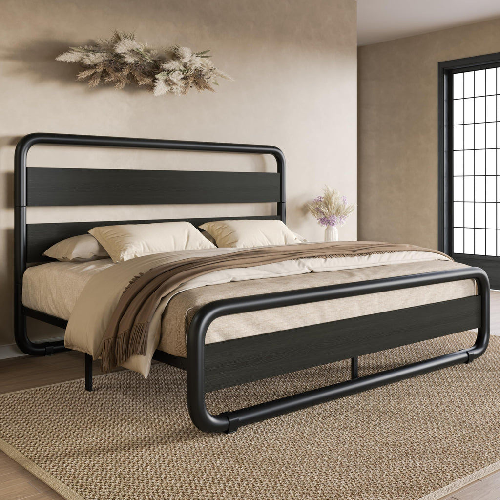 Full Size Metal Bed Frame with Wooden Headboard R5353