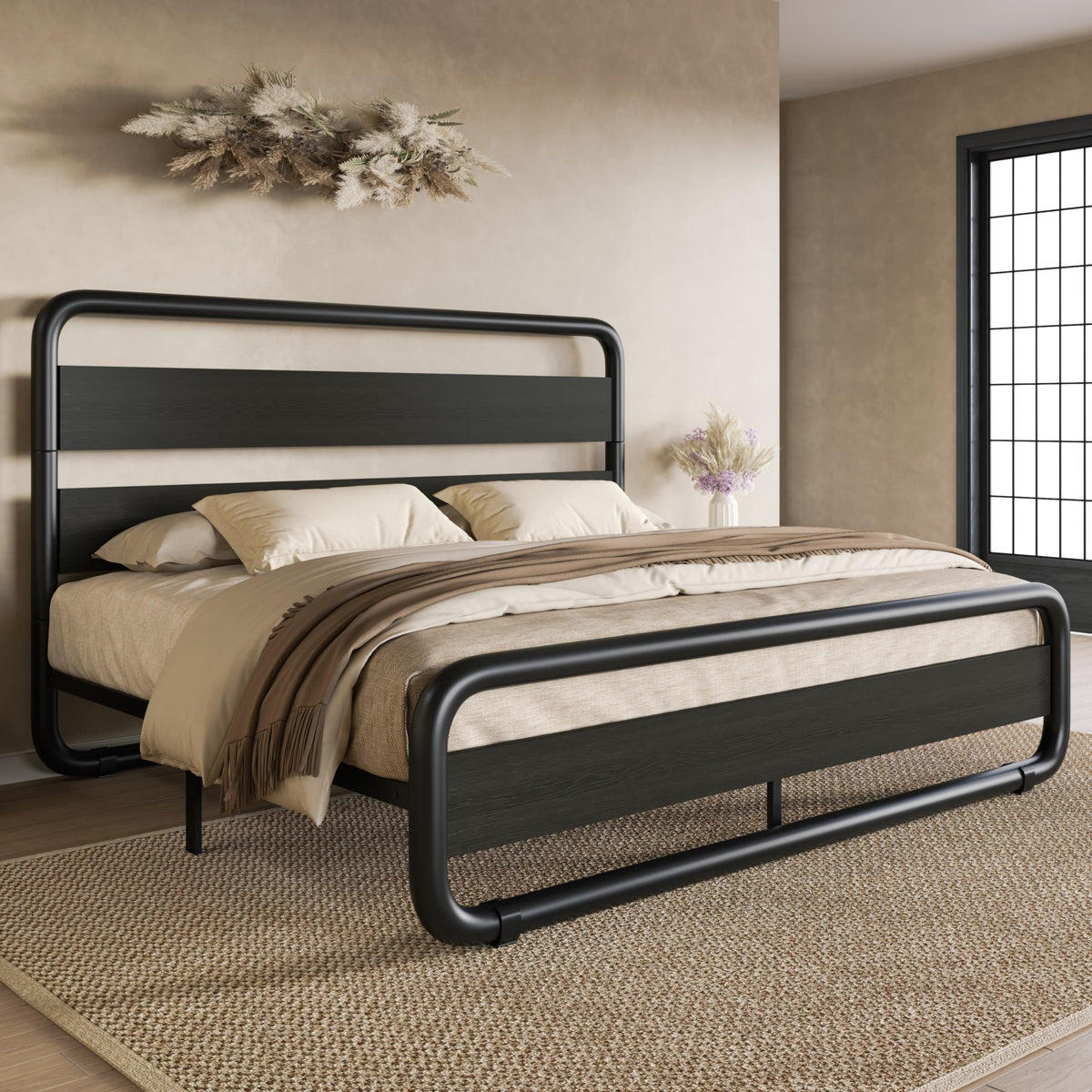 Full Size Metal Bed Frame with Wooden Headboard R5353