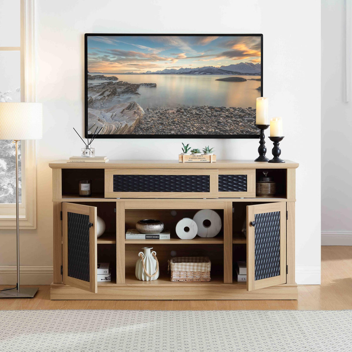 58 Inch Light Oak TV Stand with Sliding Doors K29830