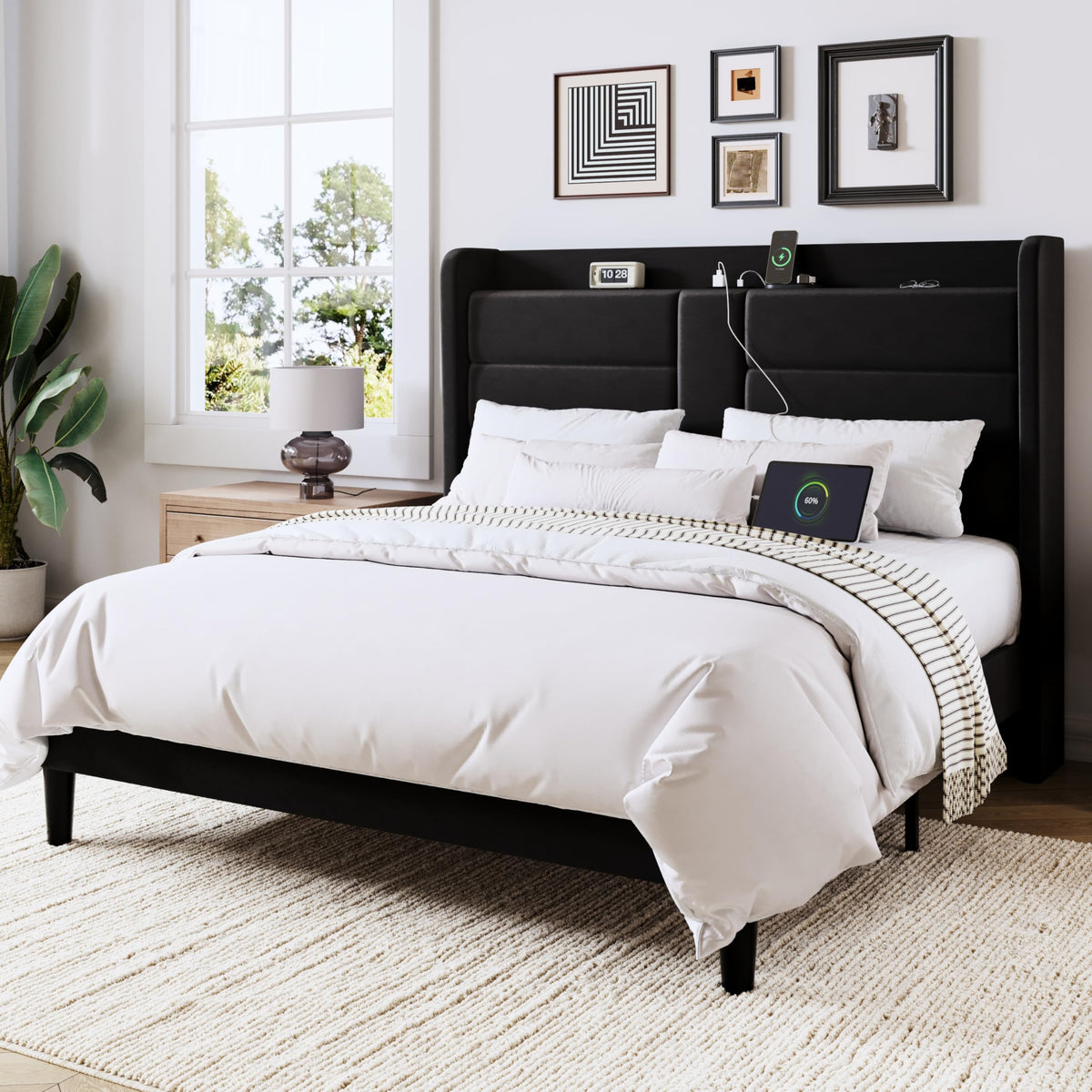 Queen Size Black Velvet Upholstered Platform Bed Frame with Storage Headboard P1890