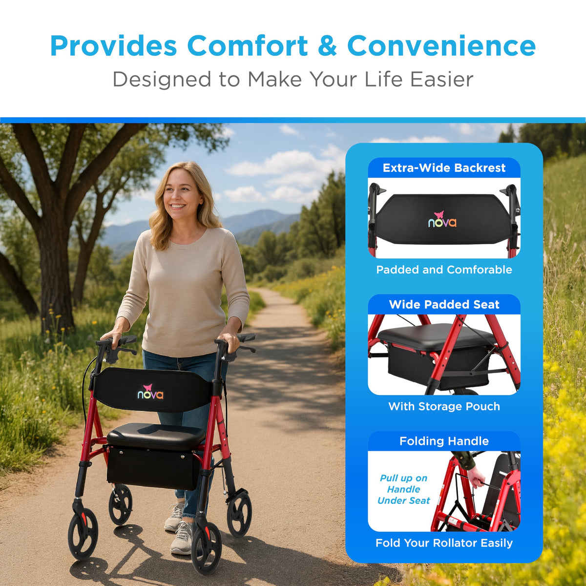 Foldable Rollator Walker with Seat, 400 lb Weight Capacity, 8” All-Terrain Wheels, Red B714476